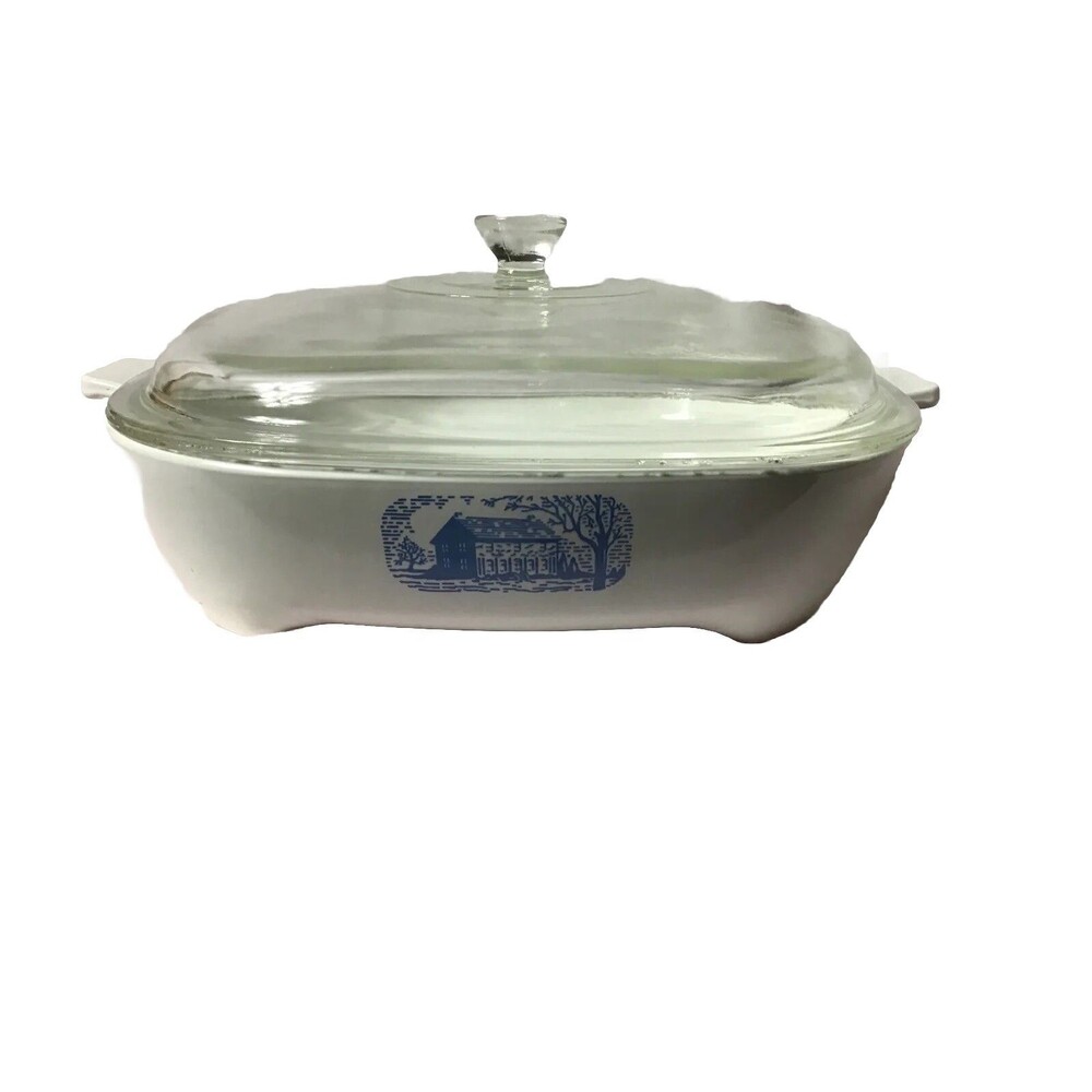 Vtg 10" Corning Amana Microwave browning skillet casserole Blue Colonial House